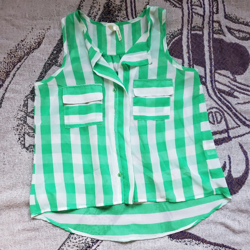 Truth NYC Green White Striped Sleeveless Top Button Down Size M